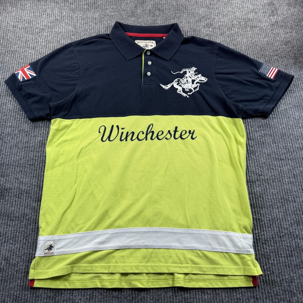 Winchester Polo Shirt Mens‎ 2XL Navy Green Colorblock Western Patriotic USA Pony